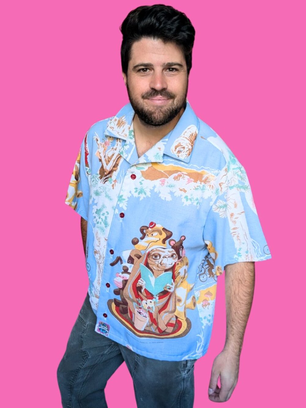 Handmade, Upcycled E.T The Extra Terrestrial Bedsheet Button Down Shirt Size XL